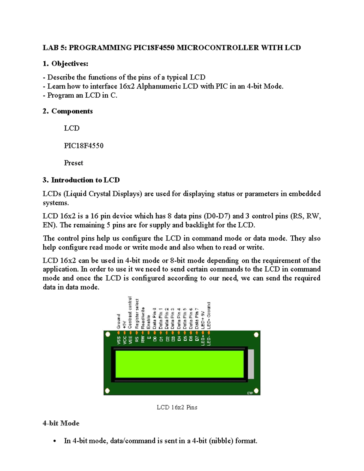 5. LAB5 Interfacing with LCD - LAB 5: PROGRAMMING PIC18F4550 ...