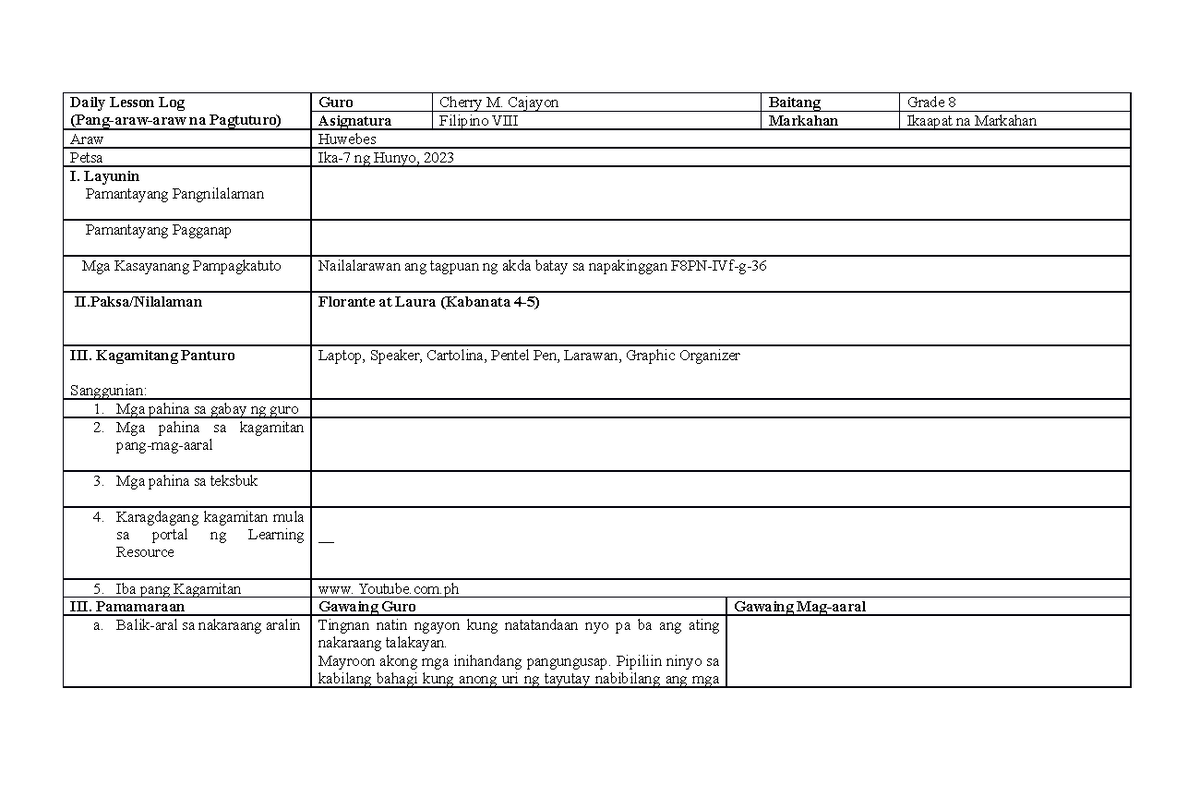 Cherry'S Lesson PLAN FOR Ranking - Daily Lesson Log (Pang-araw-araw na ...
