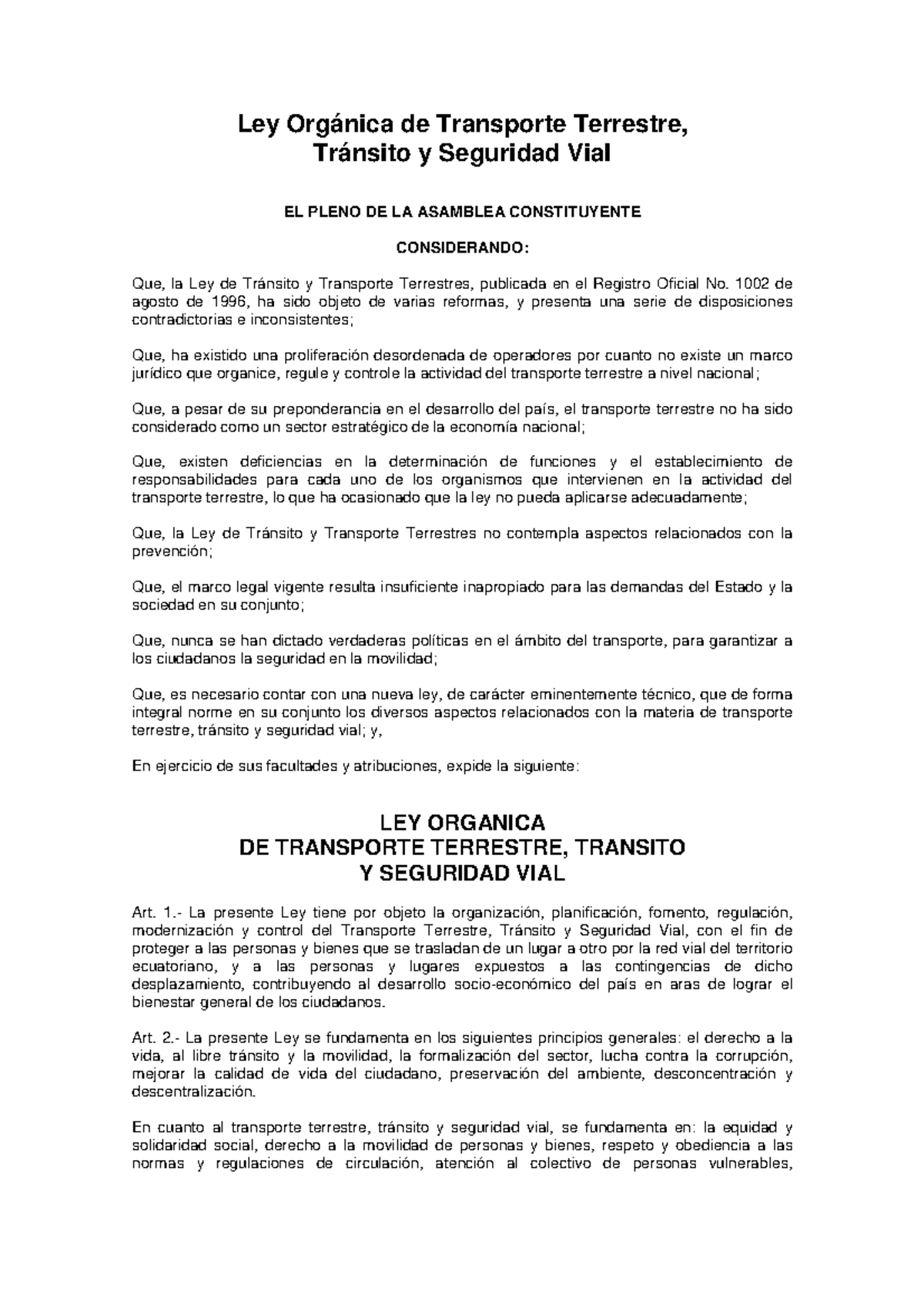 Ley Orgánica De Transporte Terrestre Tránsito Y Seguridad Vial Y ...