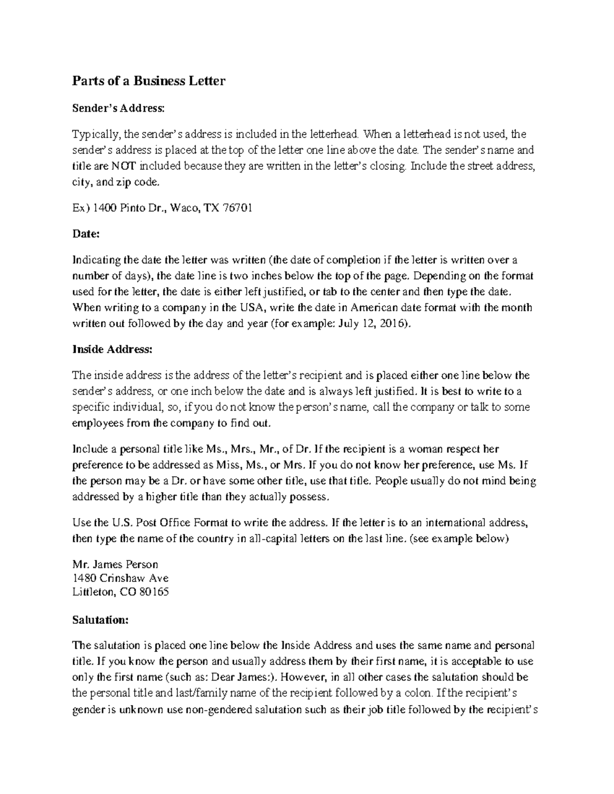 The Parts of a Business Letter - Parts of a Business Letter Sender’s ...