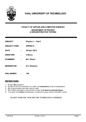 VUT TEST 1,2 AND 3 - VAAL UNIVERSITY OF TECHNOLOGY FACULTY OF APPLIED ...