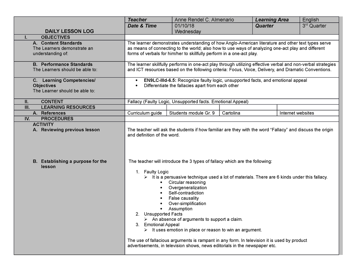 Daily Lesson Log English Fallacy - 1 Daily Lesson Log Teacher Anne 