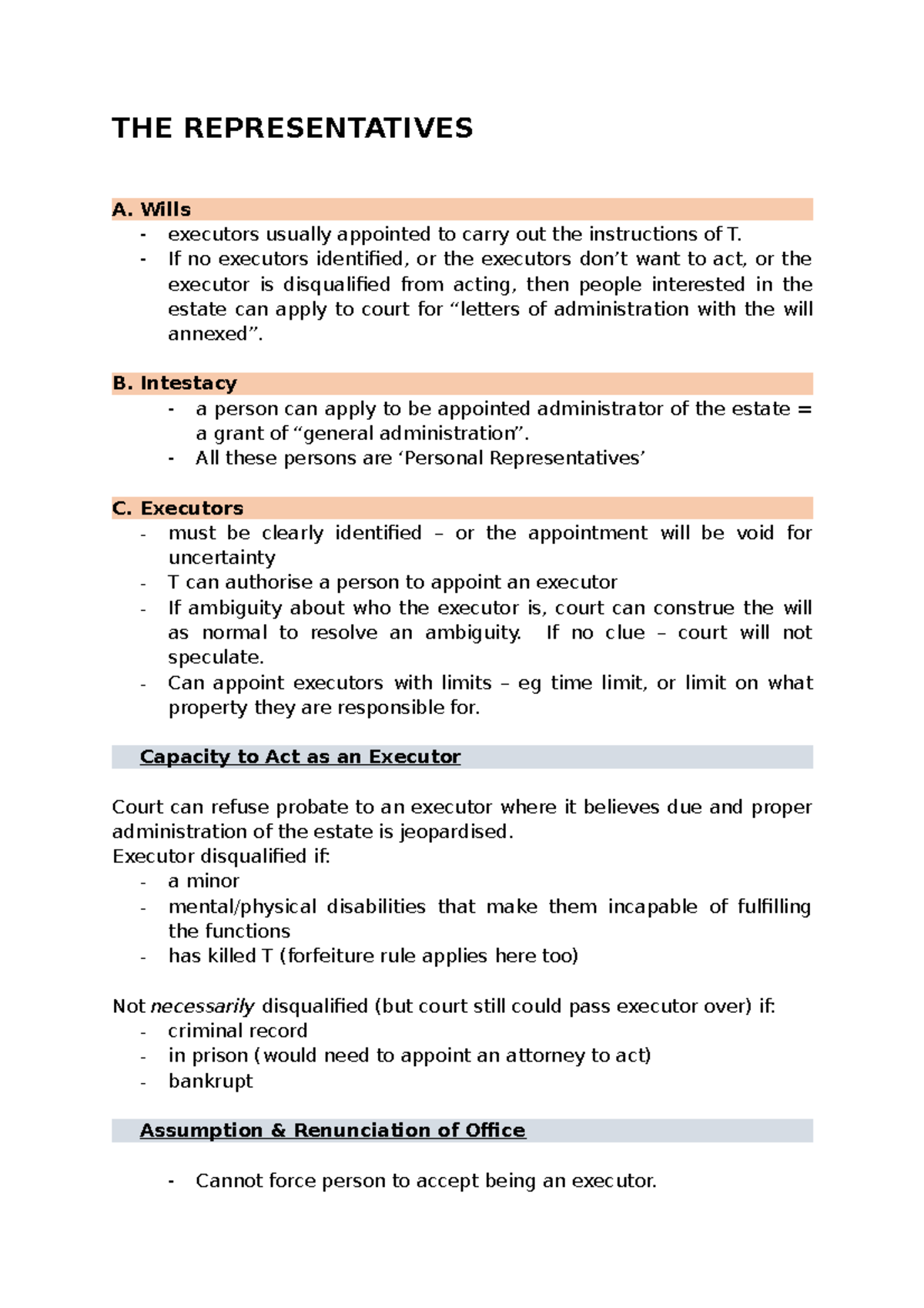 The Representatives - THE REPRESENTATIVES A. Wills - executors usually ...