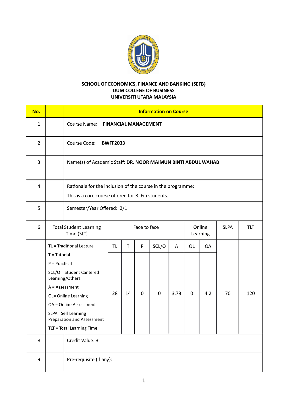 Financial Management Syllabus A202 - SCHOOL OF ECONOMICS, FINANCE AND ...