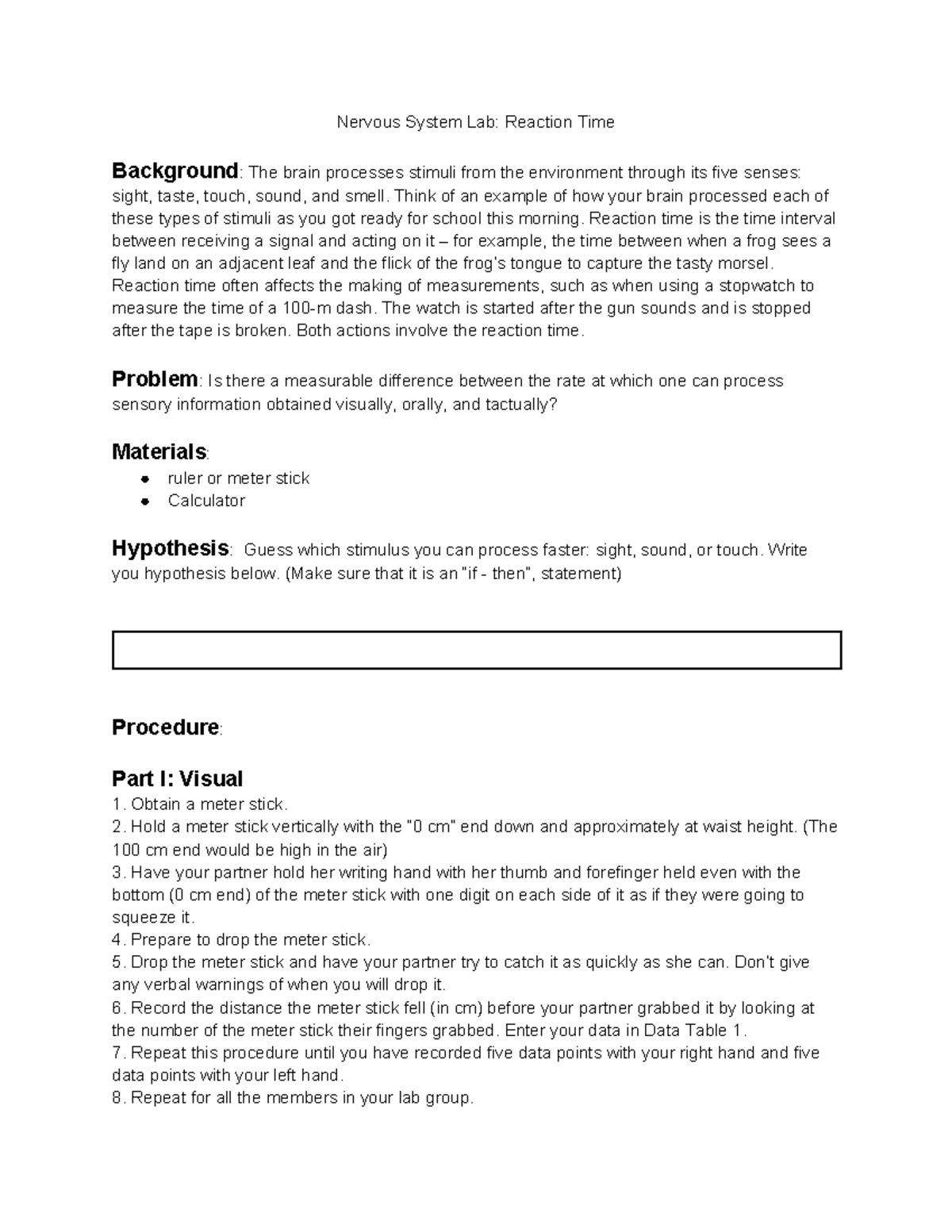 Nervous System Lab Reaction Time Nervous System Lab Reaction Time