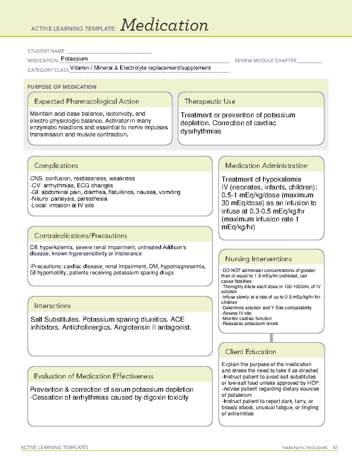 Ati Potassium Medication Sheet - Active Learning Templates Therapeutic 