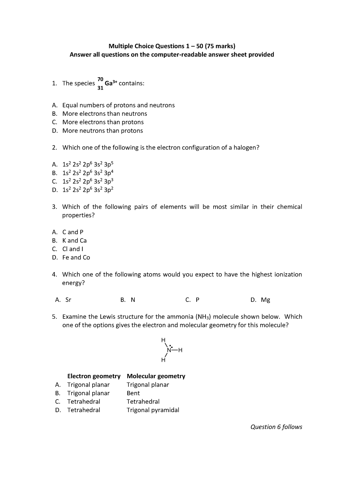 Exam Exam, questions - Multiple Choice Questions 1 50 (75 marks) Answer Sns-Brigh10