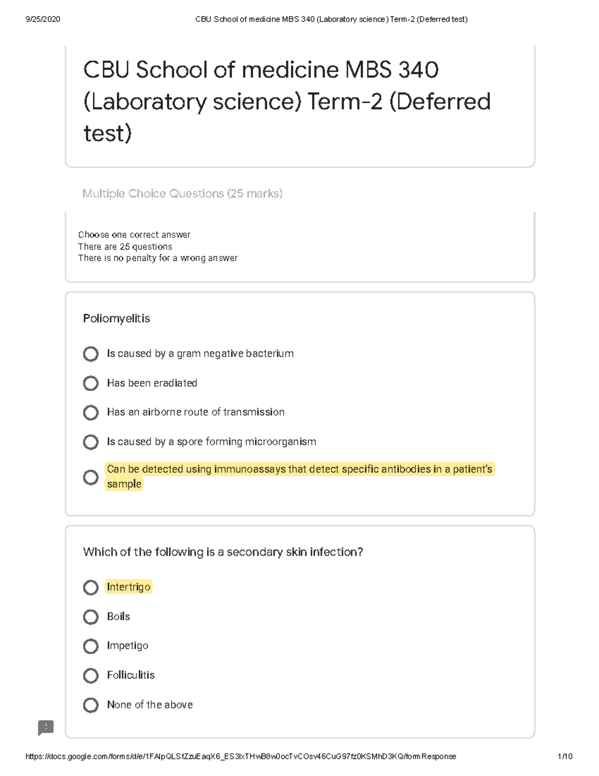 Anatomy MBS 200 - Multiple Choice Questions (25 marks) Choose one ...
