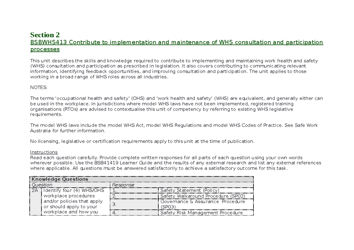 Bsbwhs 413 - Answers - Section 2 BSBWHS413 Contribute To Implementation ...