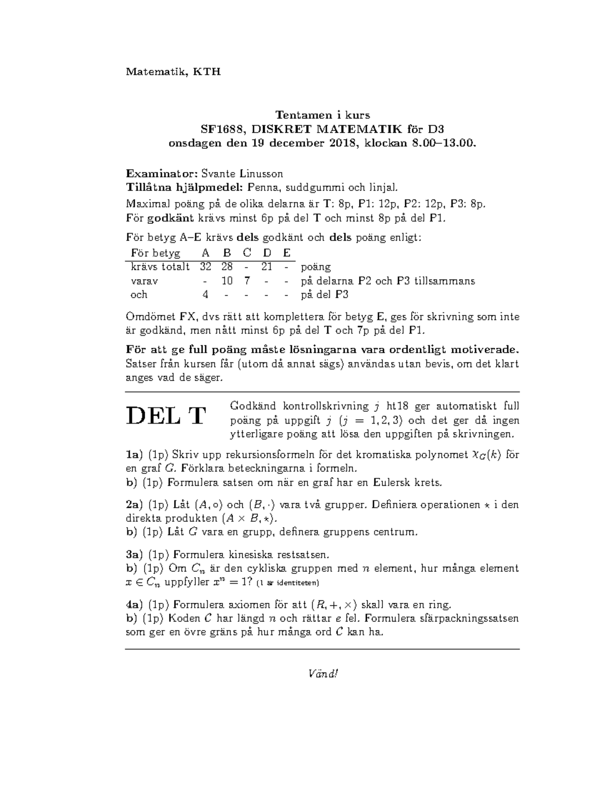 Diskret Matematik SF1688 - Tenta, 2018/12/19, Frågor - Matematik, KTH ...