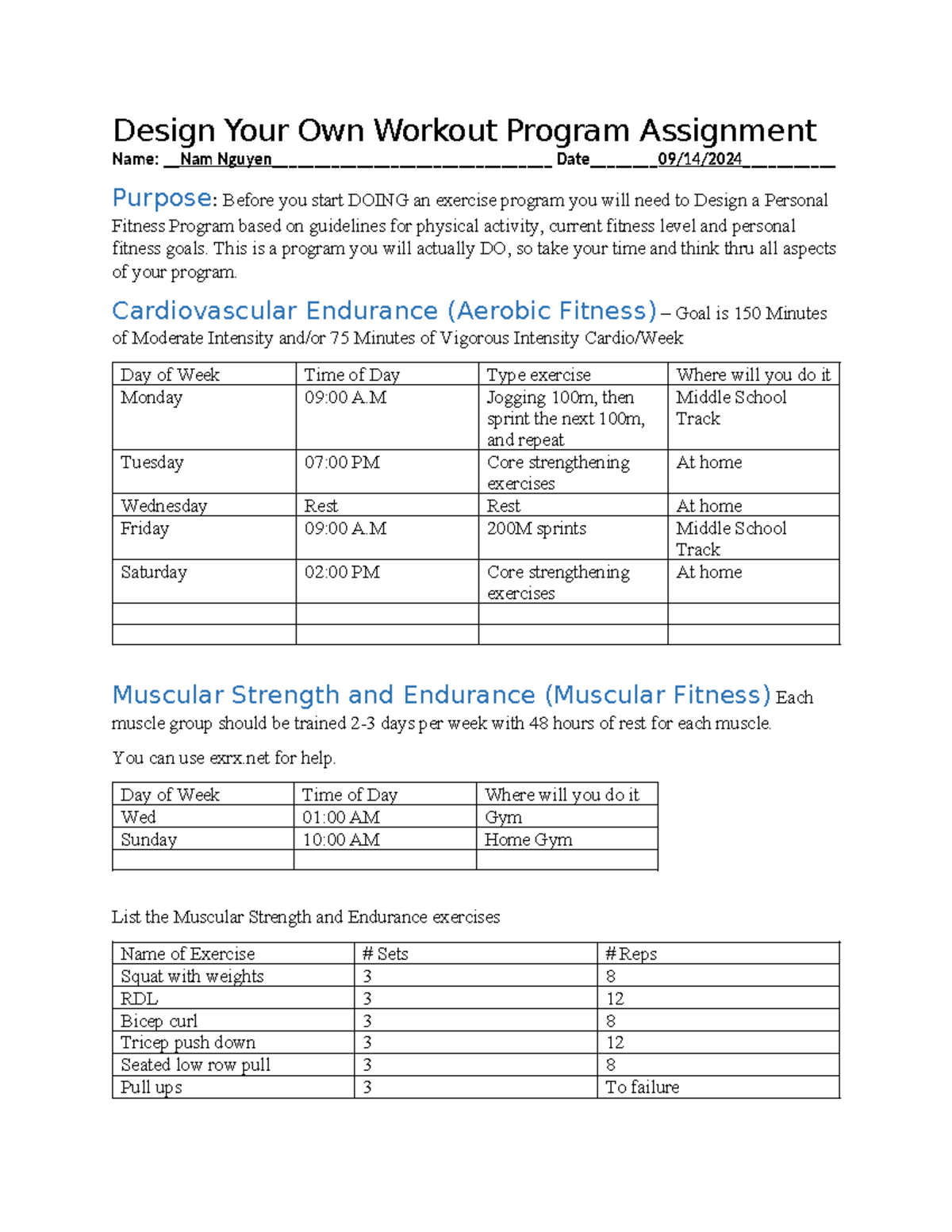 Fitness Program Lab w Smart Goals and Contract - Design Your Own ...