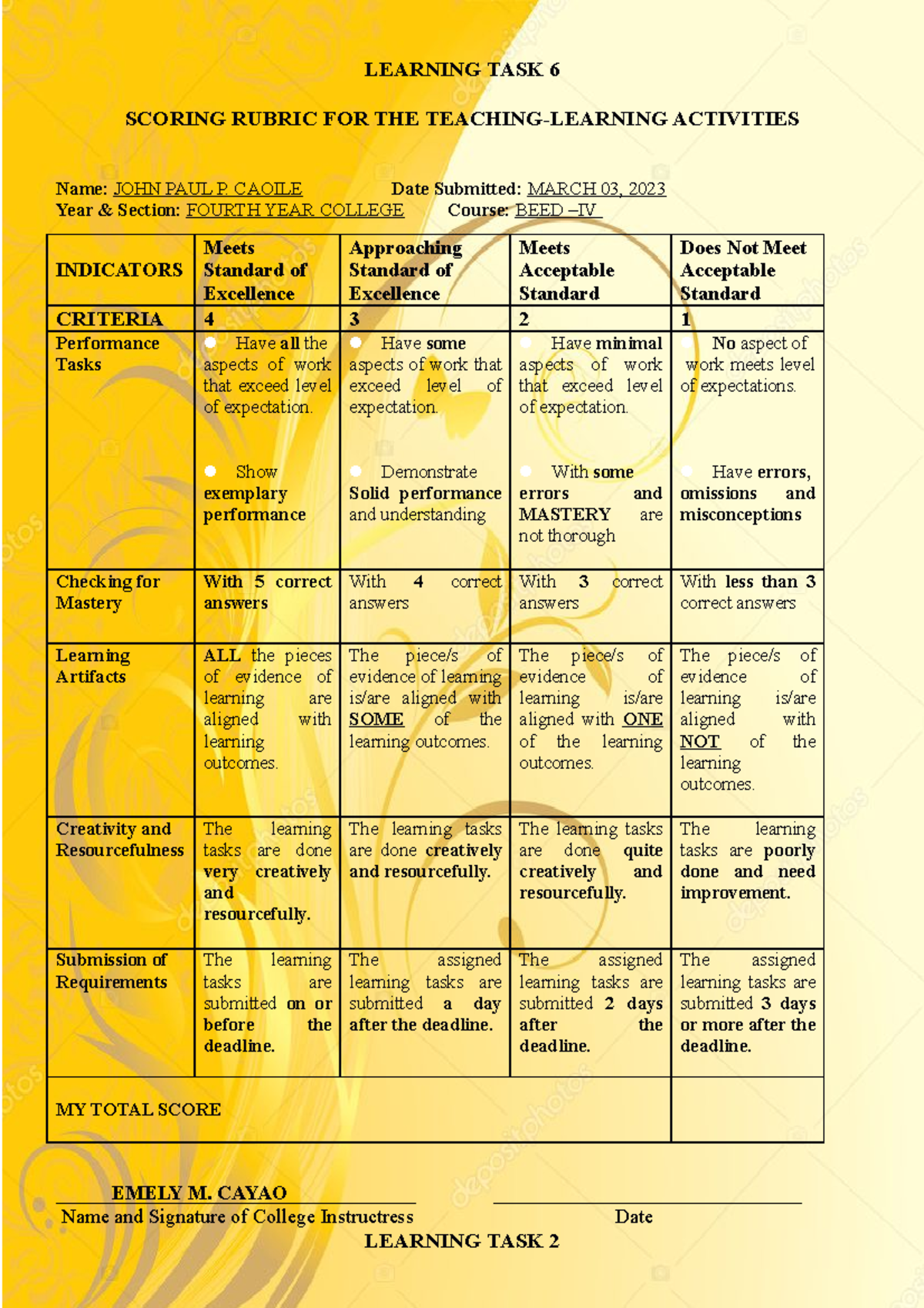 2 - Learning task - LEARNING TASK 6 SCORING RUBRIC FOR THE TEACHING ...