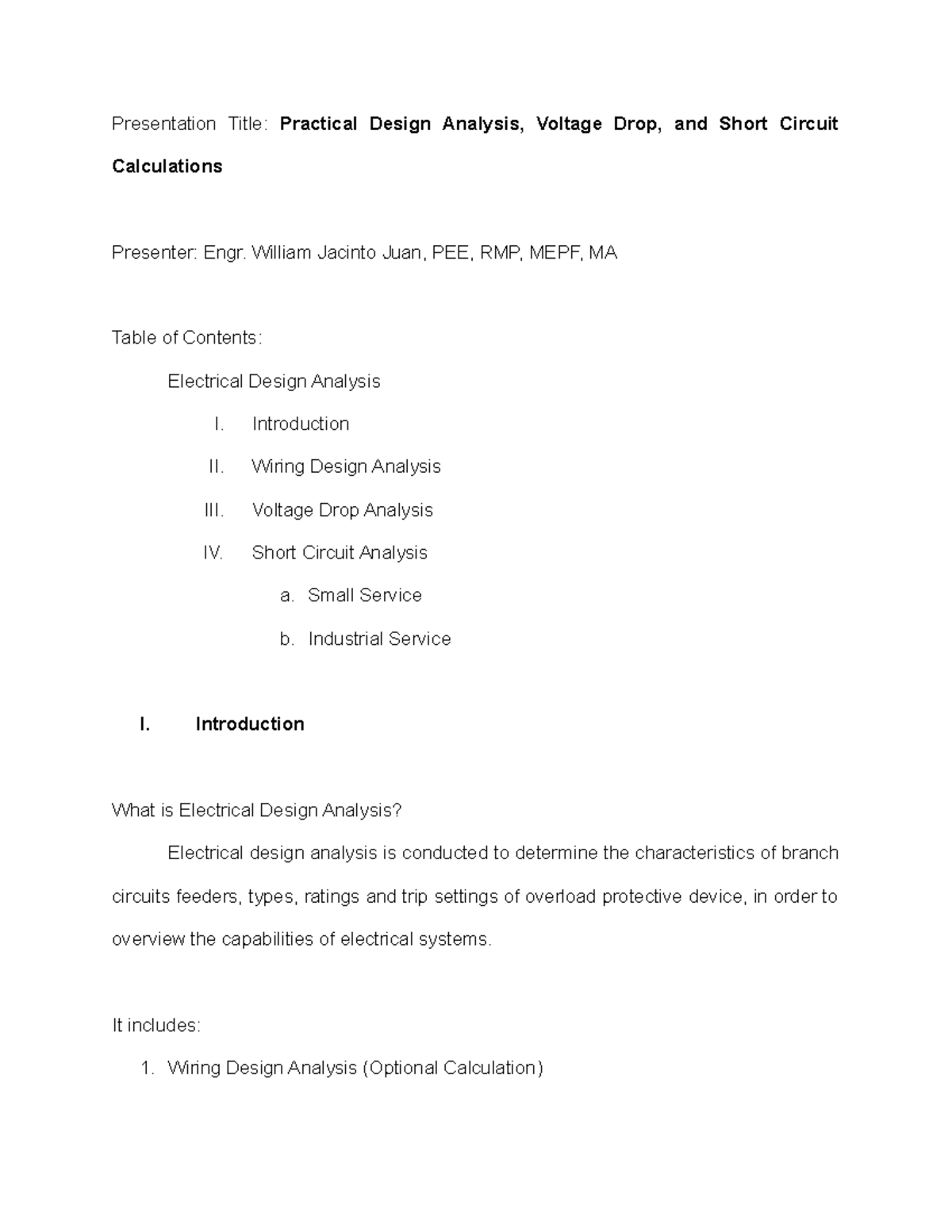 Practical Design Analysis, Voltage Drop, and Short Circuit Calculations