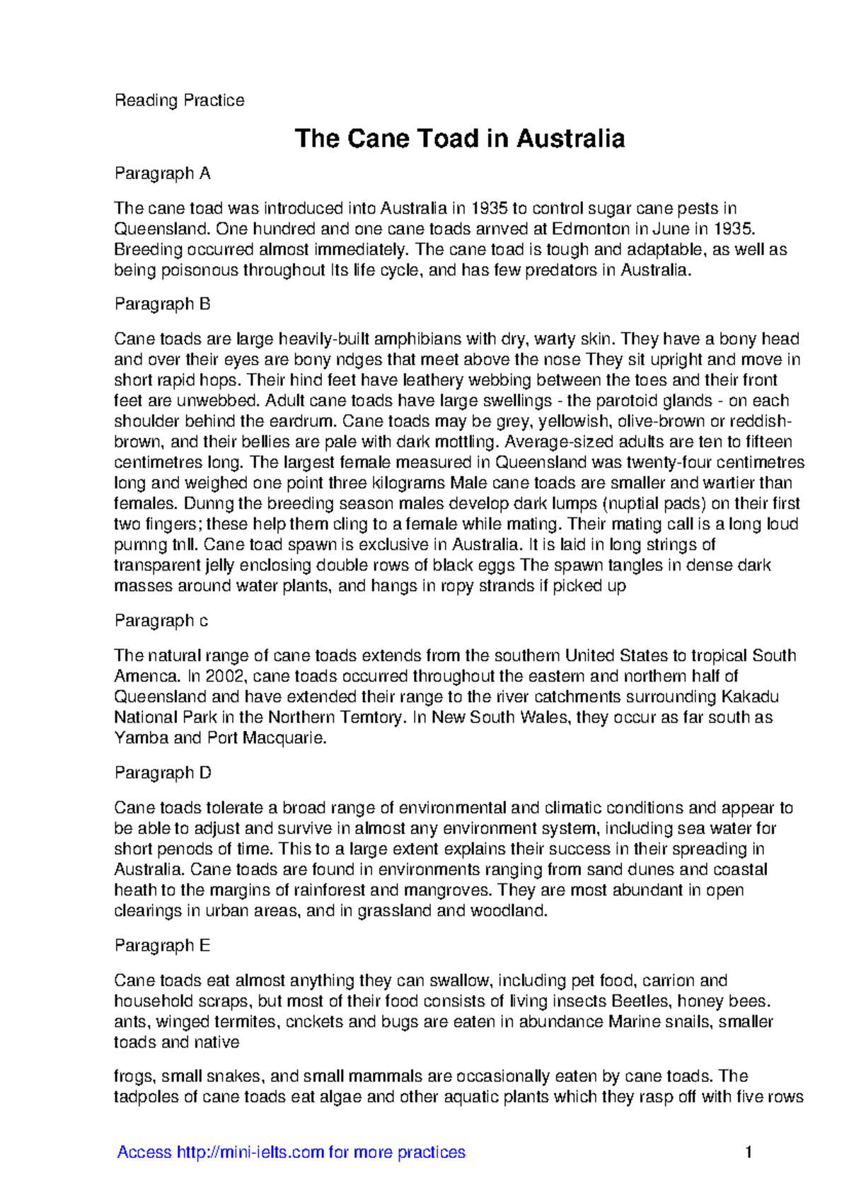 The cane toad in australia Reading Practice The Cane Toad in