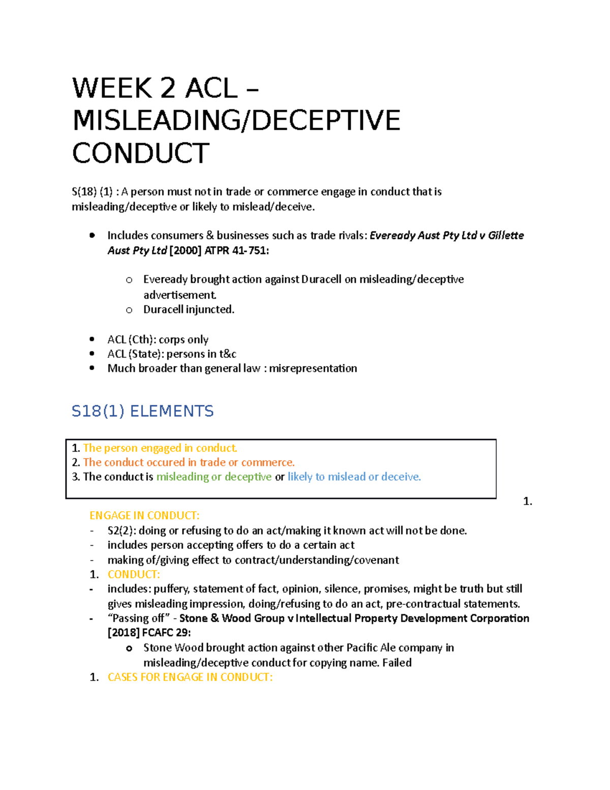 ACL Misleading and Deceptive Conduct (Week2) WEEK 2 ACL MISLEADING/DECEPTIVE CONDUCT S(18 ACL Misleading and Deceptive Conduct (Week2) WEEK 2 ACL MISLEADING/DECEPTIVE CONDUCT S(18