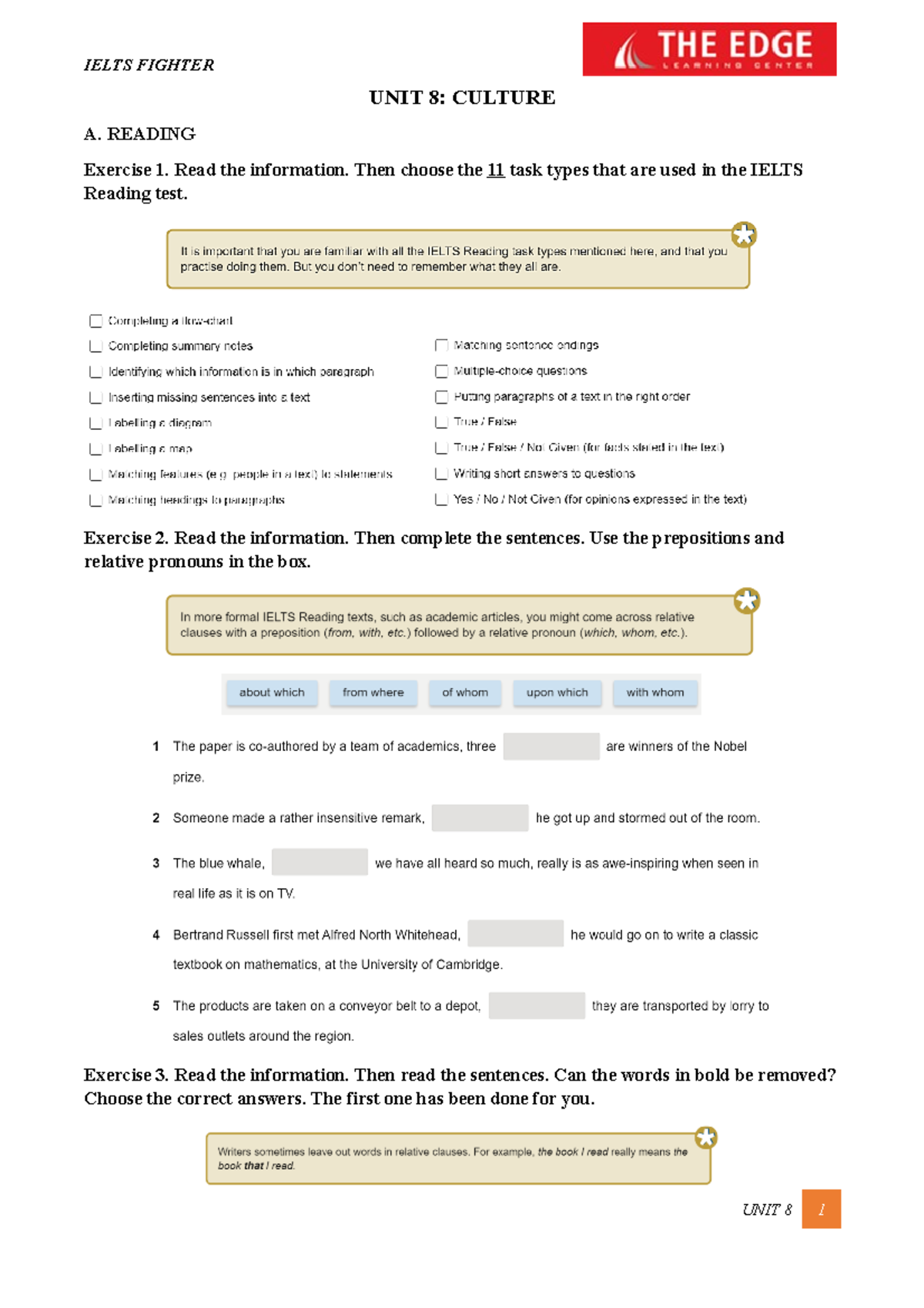 UNIT 8 Student IELTS Writing UNIT 8 CULTURE A. READING Exercise 1