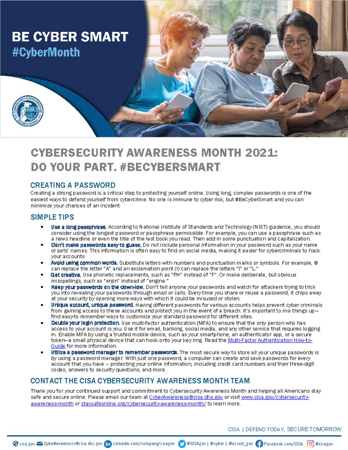 Cybersecurity Awareness Month 2021 Creating Passwords Tip Sheet