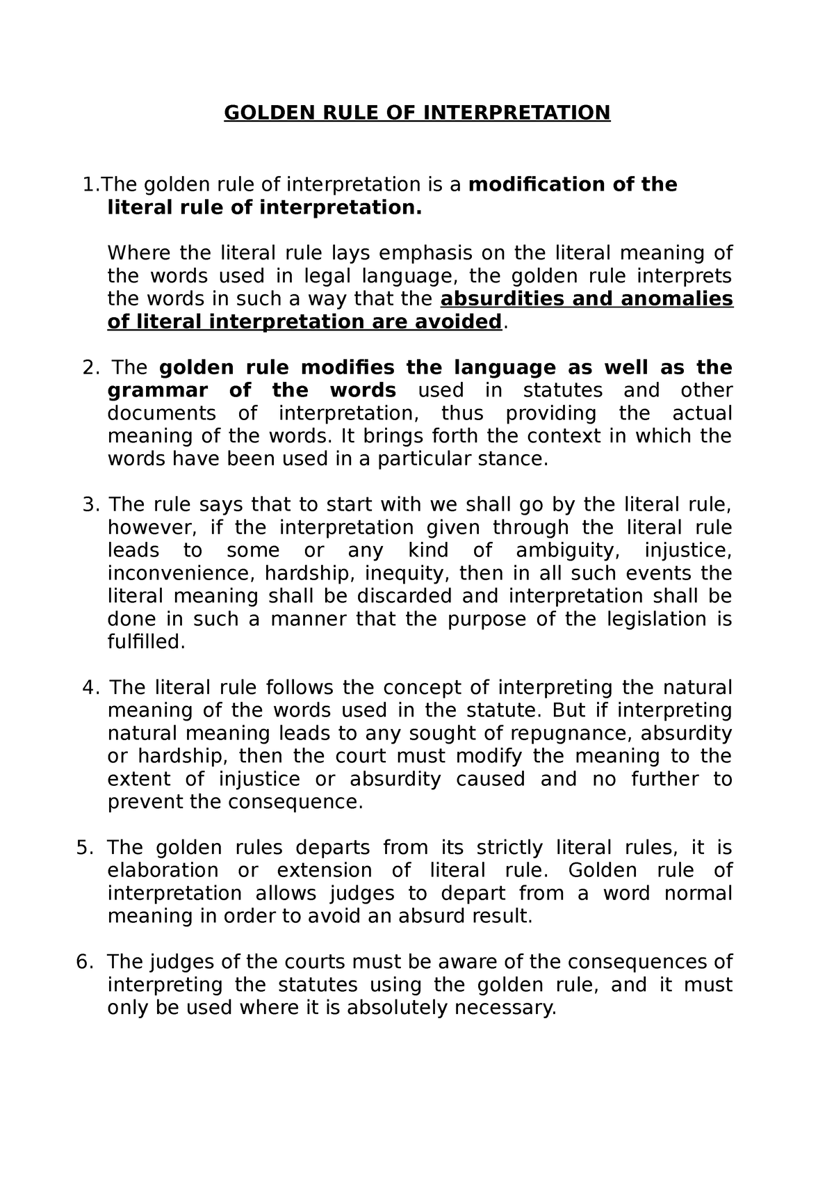 research paper on golden rule of interpretation of statutes