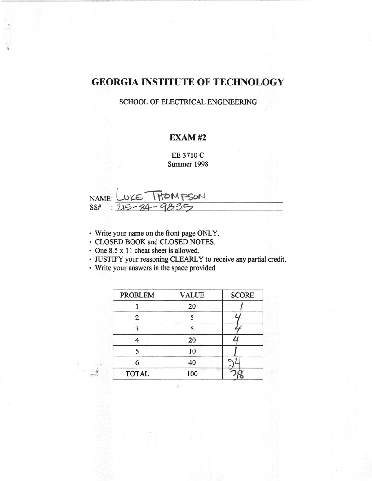 Summer 1998 Exam2 - Exam Practice - ECE 3710 - Studocu