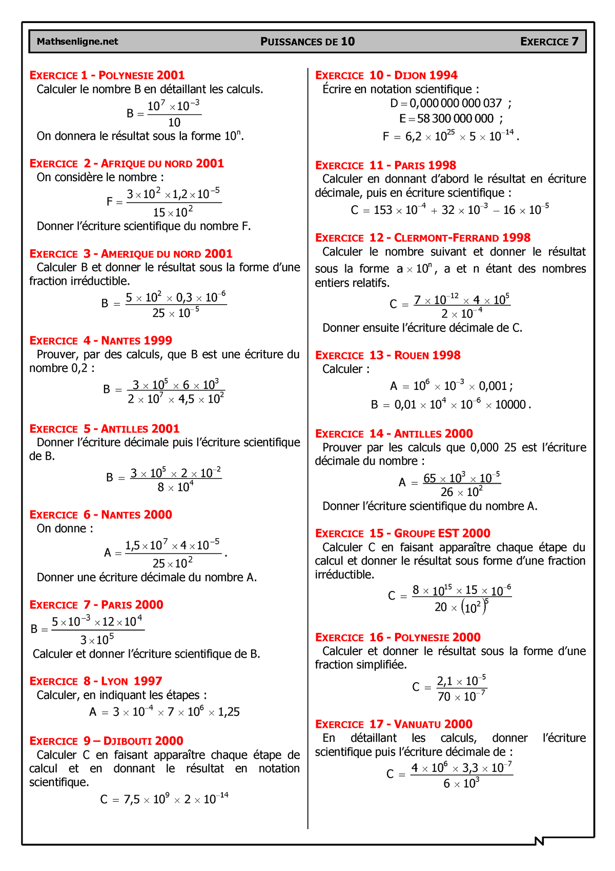 Chap 5 - Ex 7 - Calculs Et Notations Décimales ( Brevet) - Corrige ...