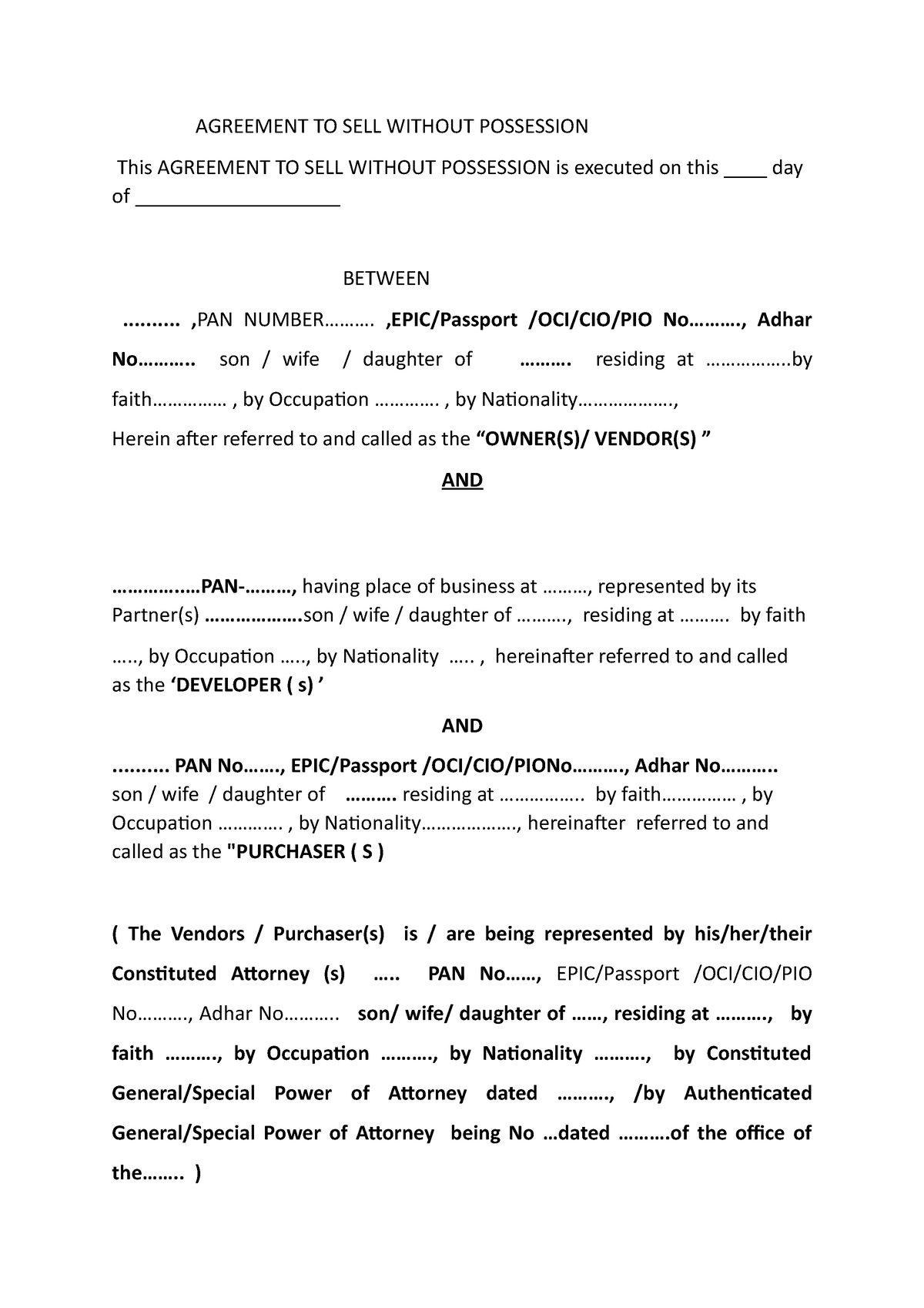 agreement-to-sale-without-possession-agreement-to-sell-without