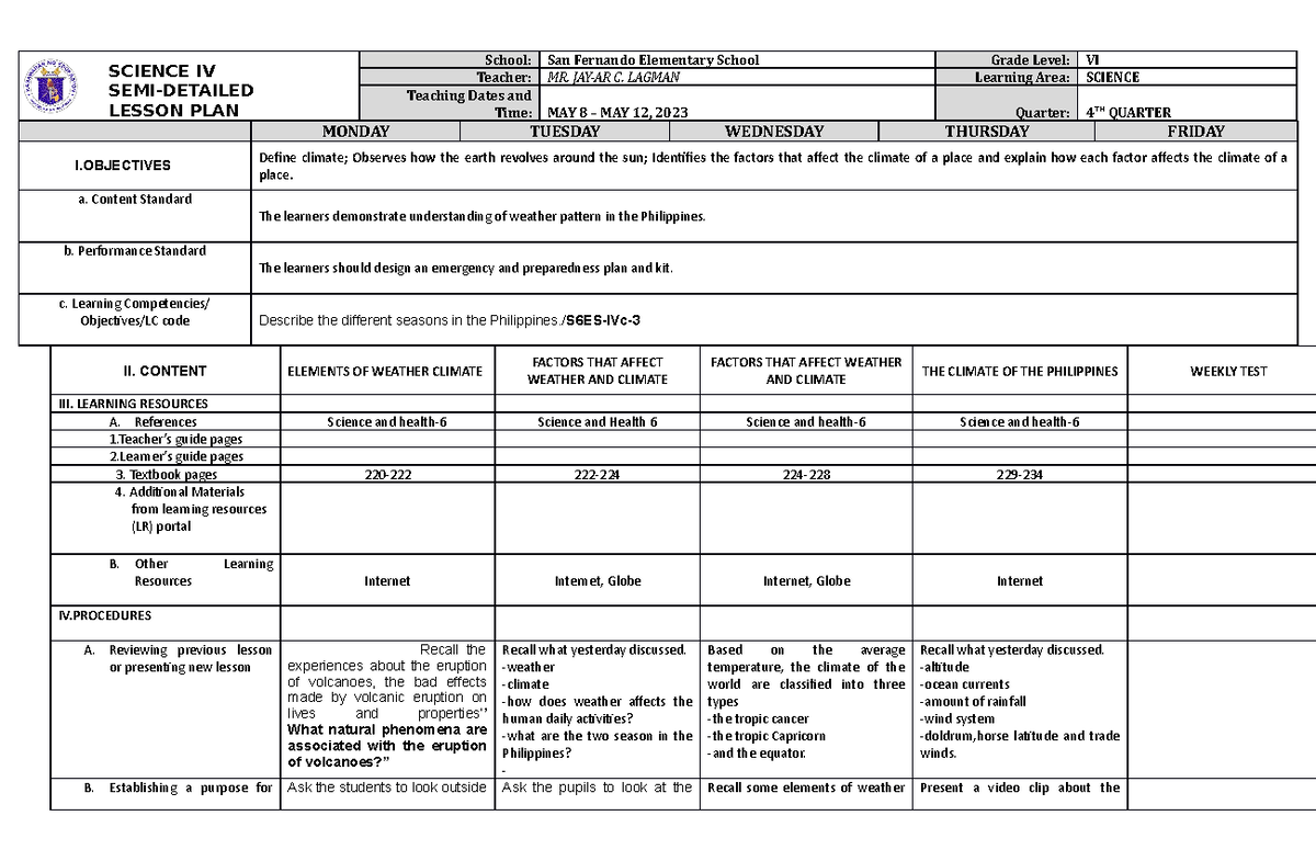 DLL Science 6 Q4 W3 - Educational - SCIENCE IV SEMI-DETAILED LESSON ...