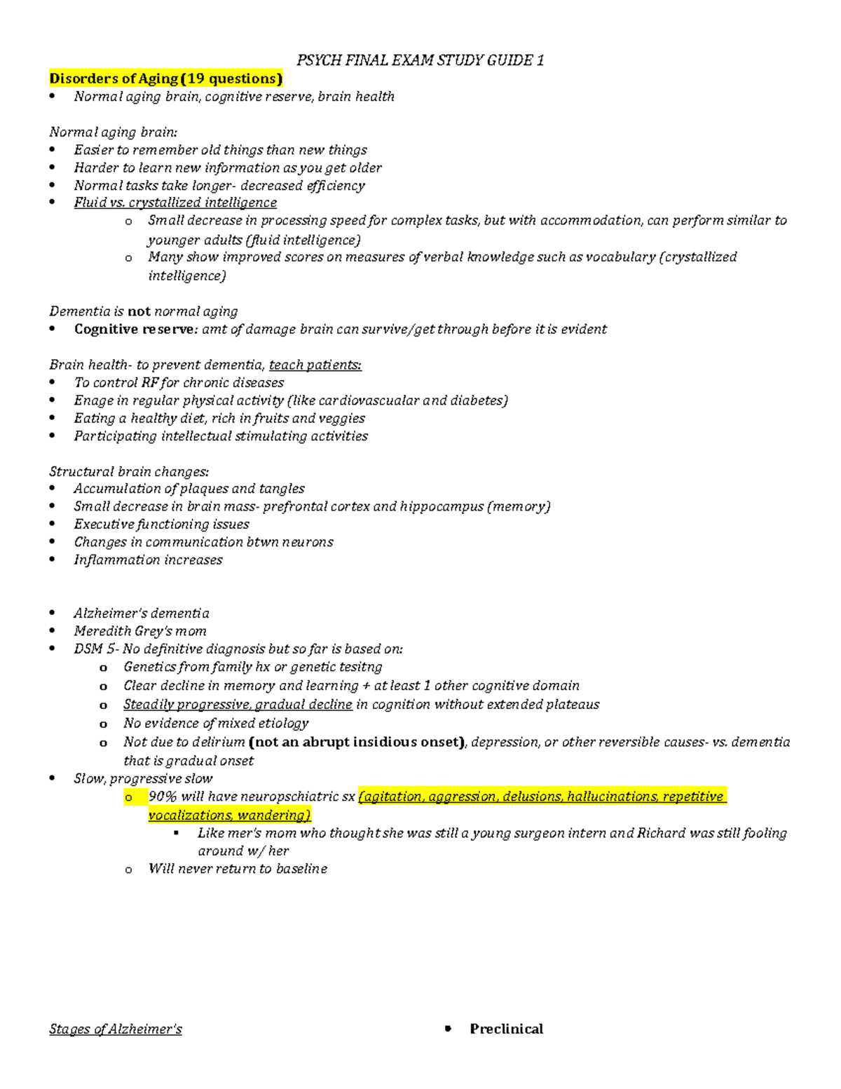 N354 exam 3 study guide-RD - PSYCH FINAL EXAM STUDY GUIDE 1 Disorders ...