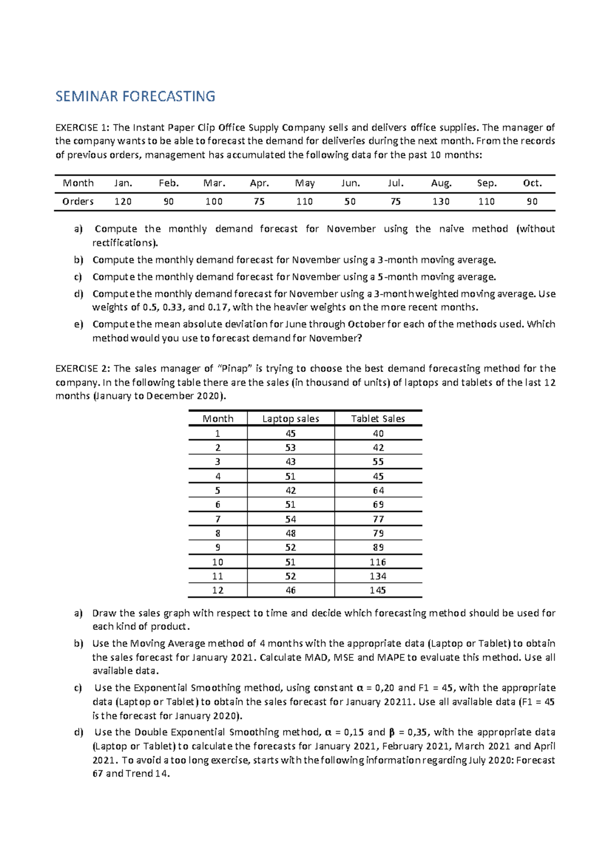 Forecasting Exercises - SEMINAR FORECASTING EXERCISE 1: The Instant ...