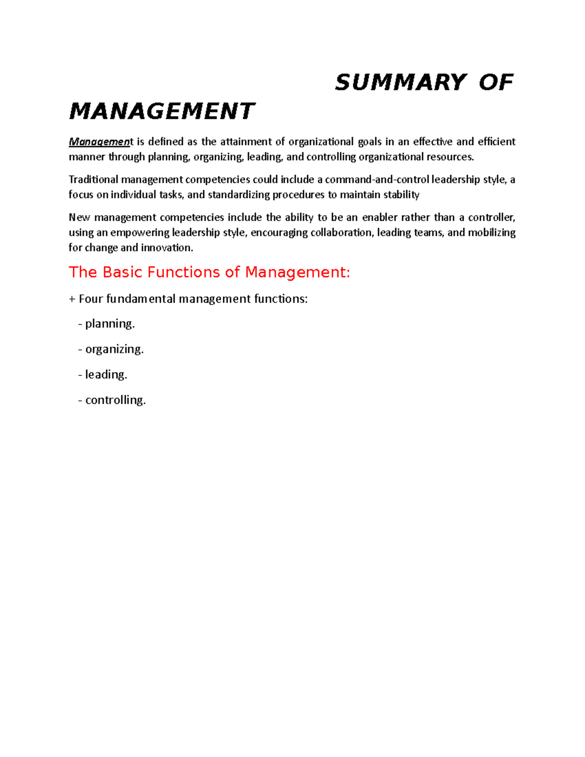 summary of management assignment