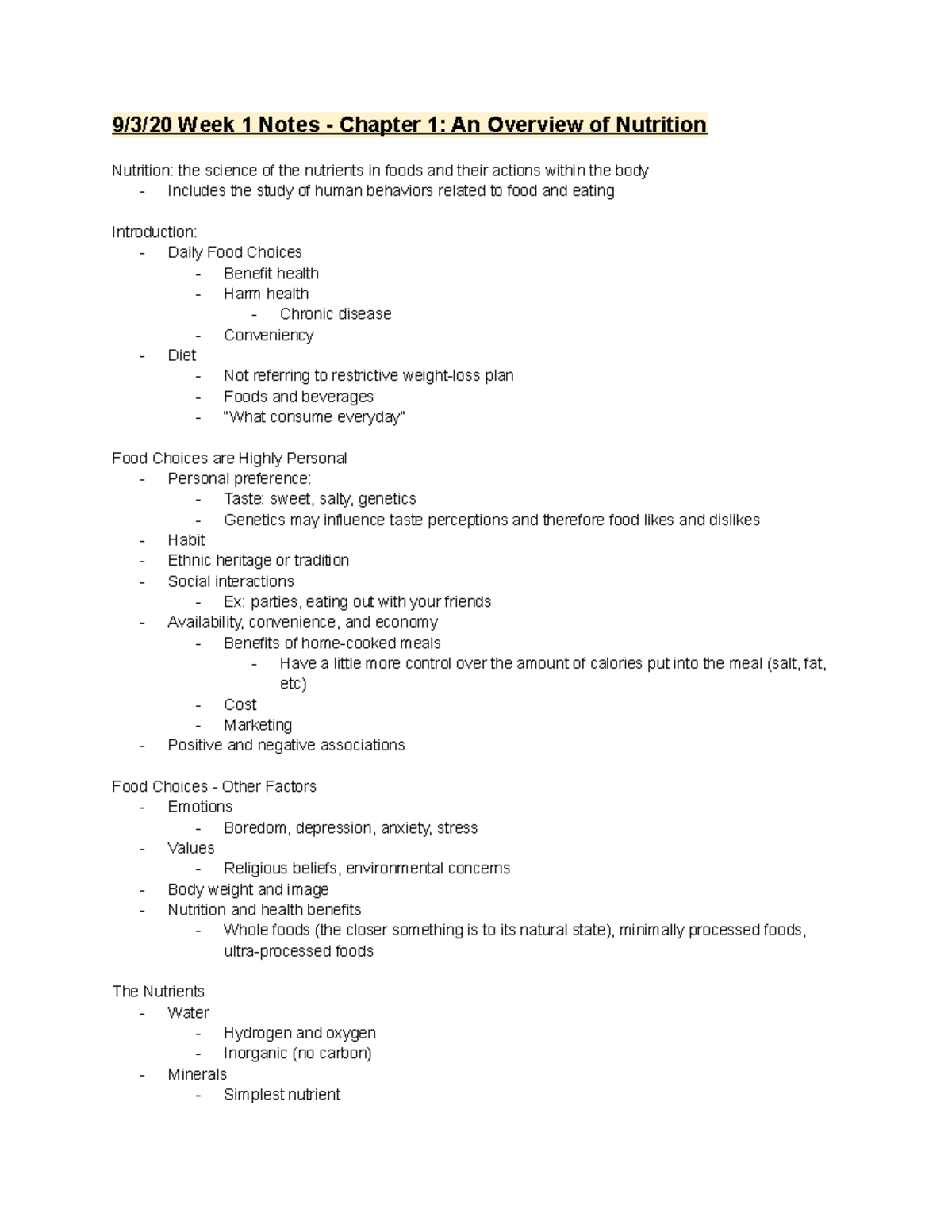 Nutrition EXAM 1 Notes - Fall Semester - 9/3/20 Week 1 Notes - Chapter ...