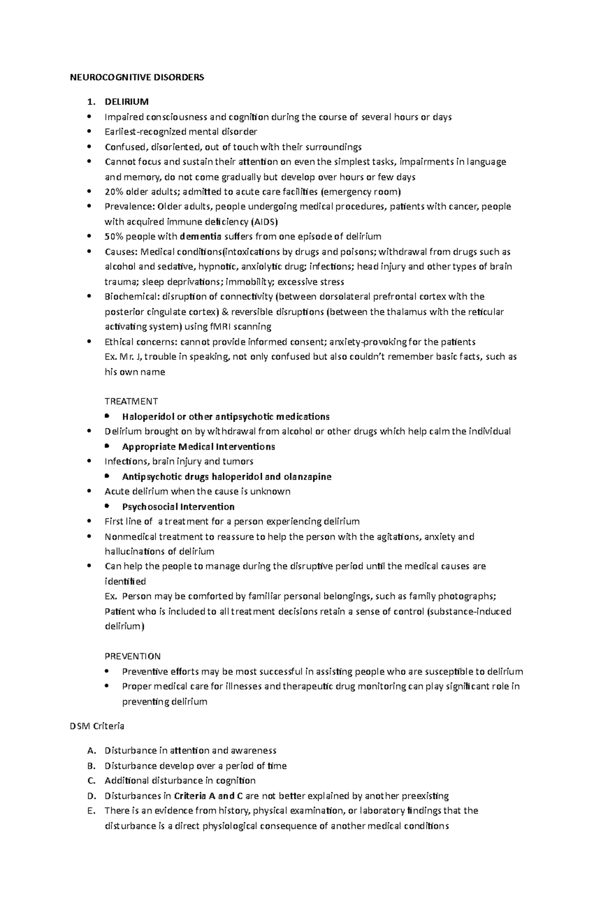 Neurocognitive Disorders - NEUROCOGNITIVE DISORDERS 1. DELIRIUM ...