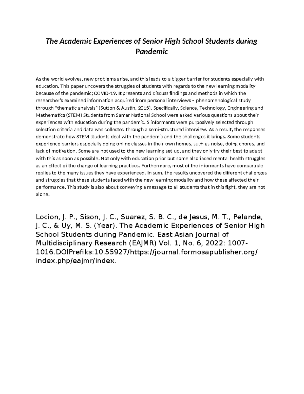 Locale - none - The Academic Experiences of Senior High School Students ...