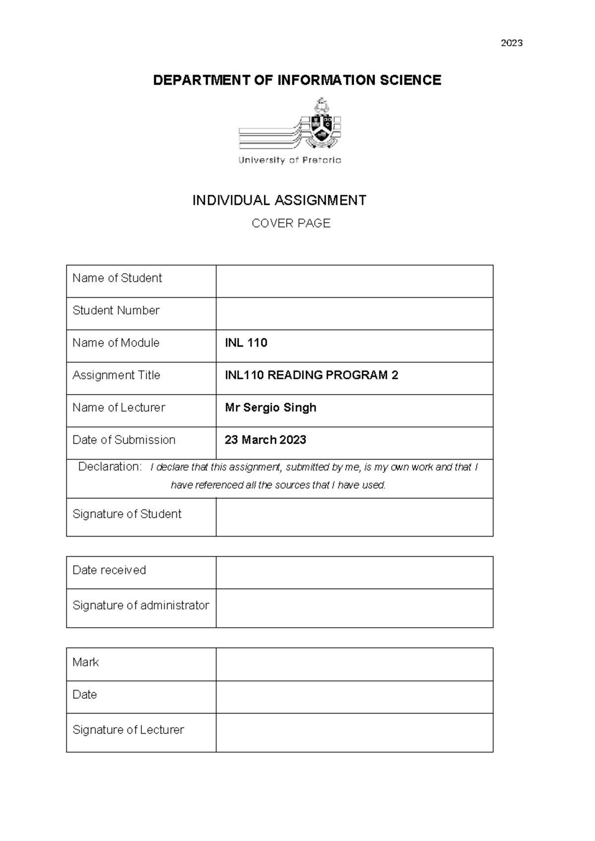 Reading Program 2 - DEPARTMENT OF INFORMATION SCIENCE INDIVIDUAL ...