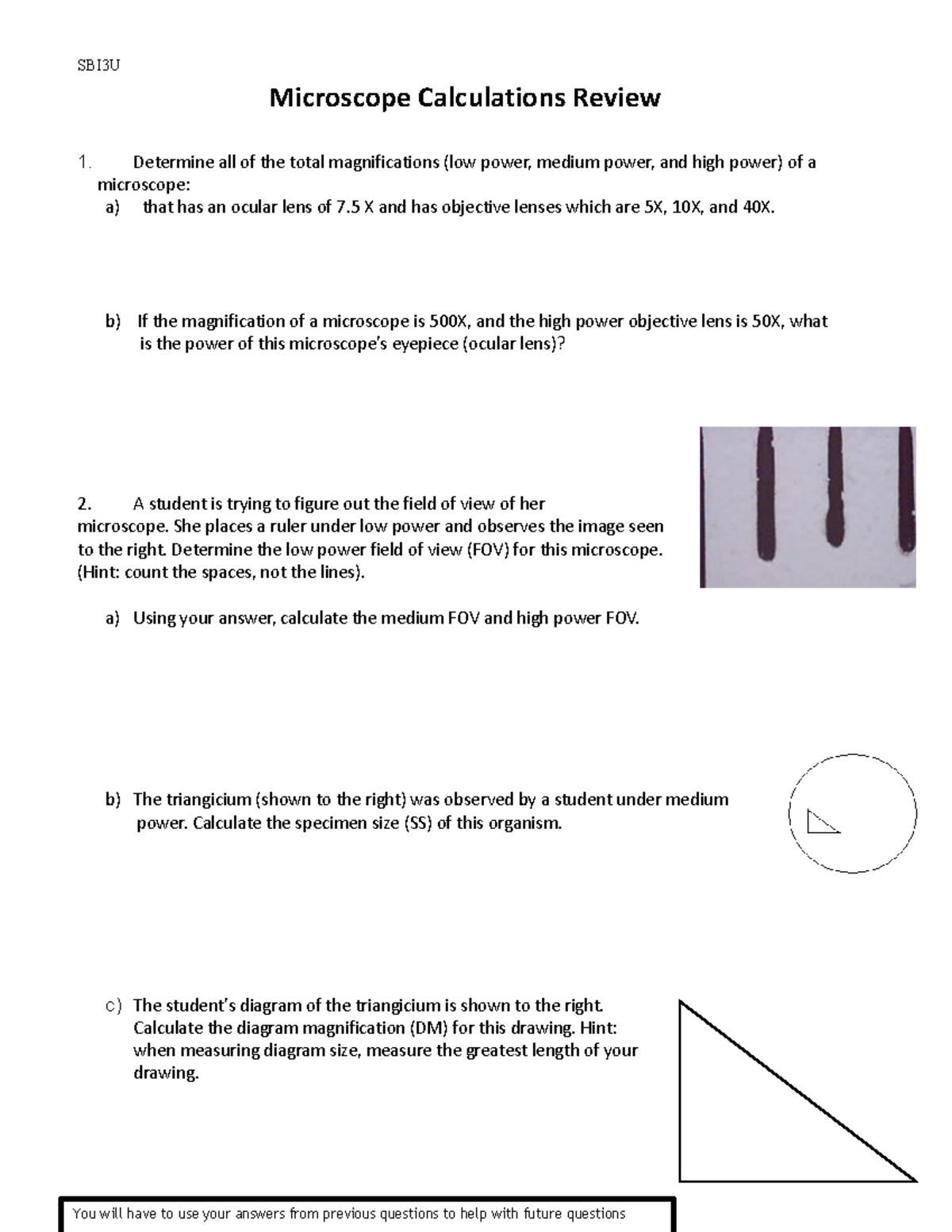 4.9.2 Microscope Calculations Worksheet SBI3U Microscope Calculations