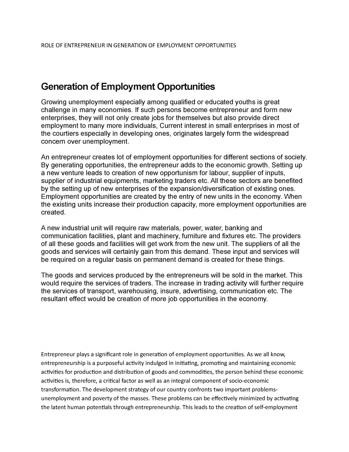 essay on employment opportunities