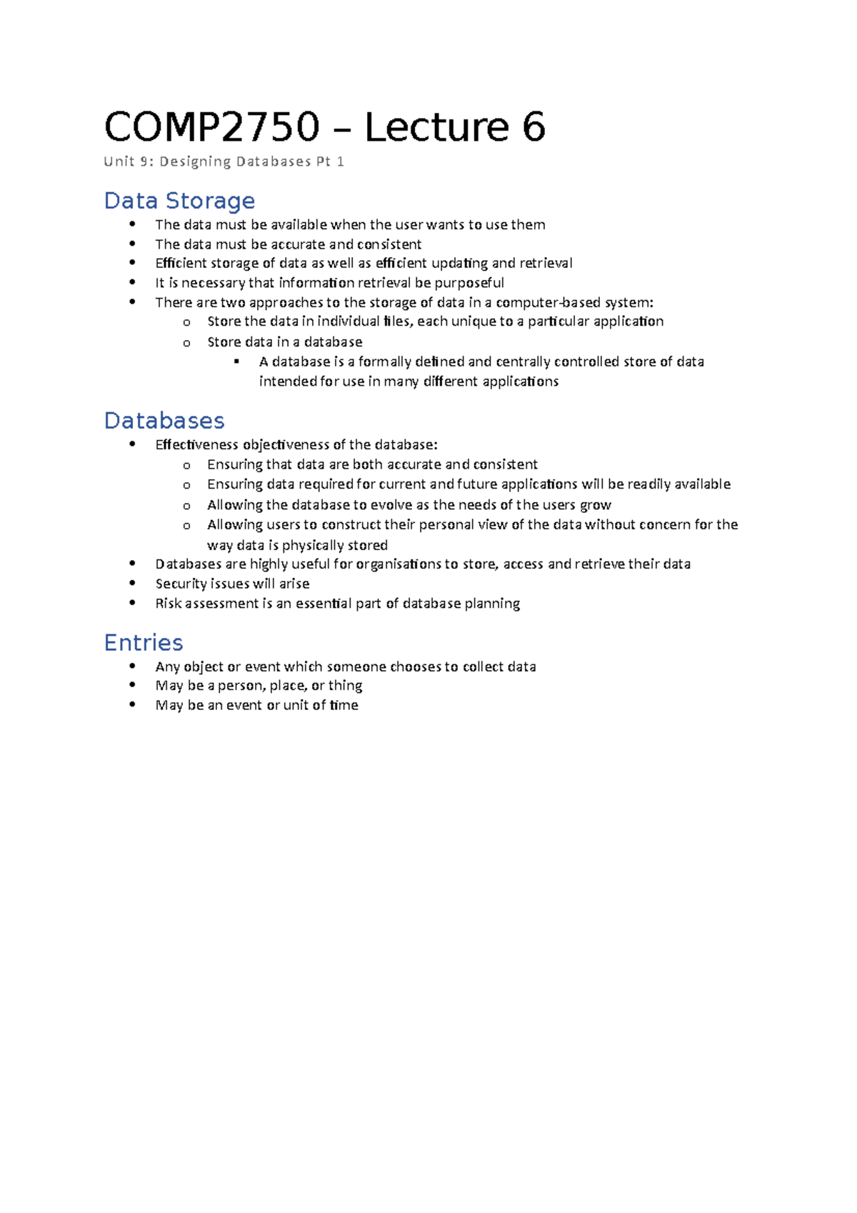 COMP2750 - Lecture 6 - Designing Databases Pt1 - COMP2750 – Lecture 6 ...