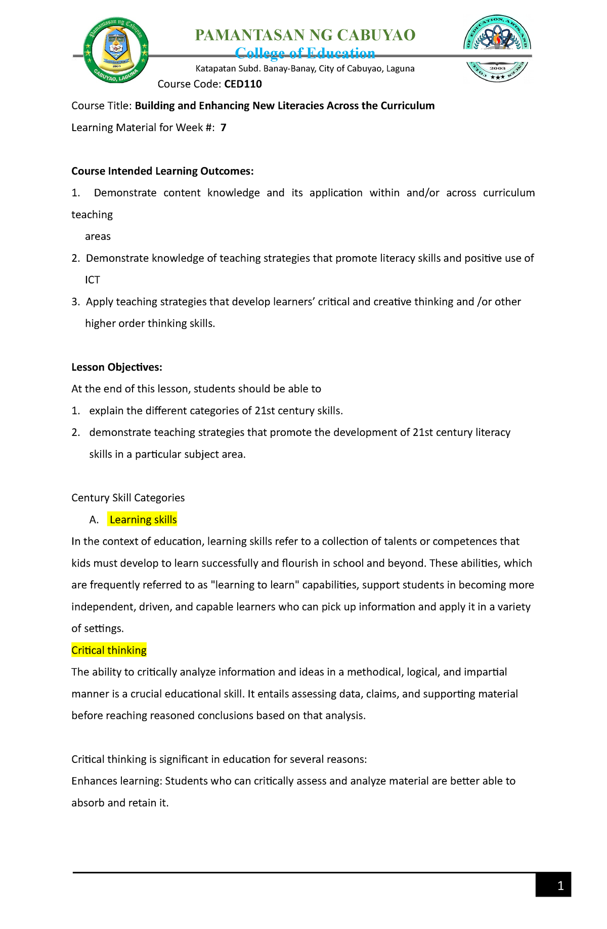 Week-8-Lesson CED110 - ftjrtj - Course Code: CED Course Title: Building ...