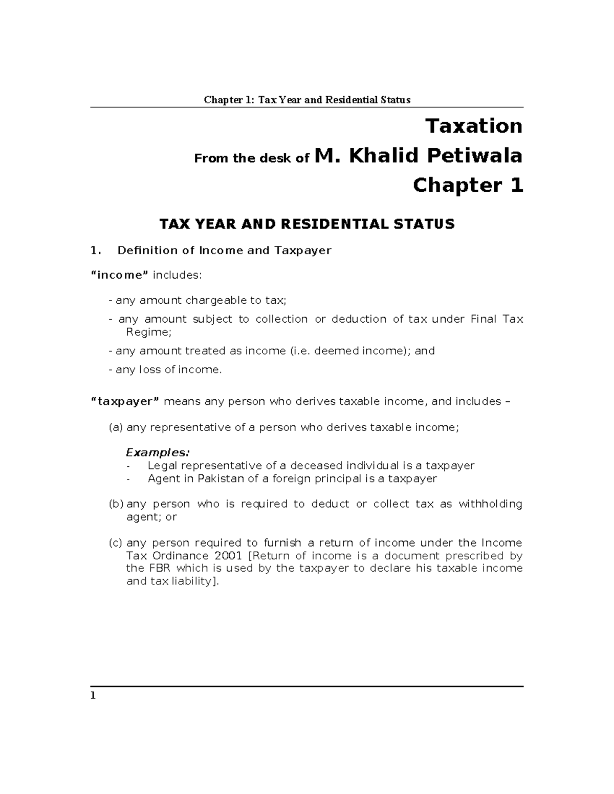 01 Tax Year And Resident Taxation From The Desk Of M Khalid Petiwala