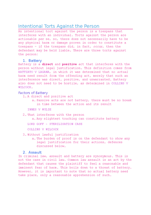 Torts Mid-Sem Notes - BATTERY – Trespass to person Battery is a DIRECT ...