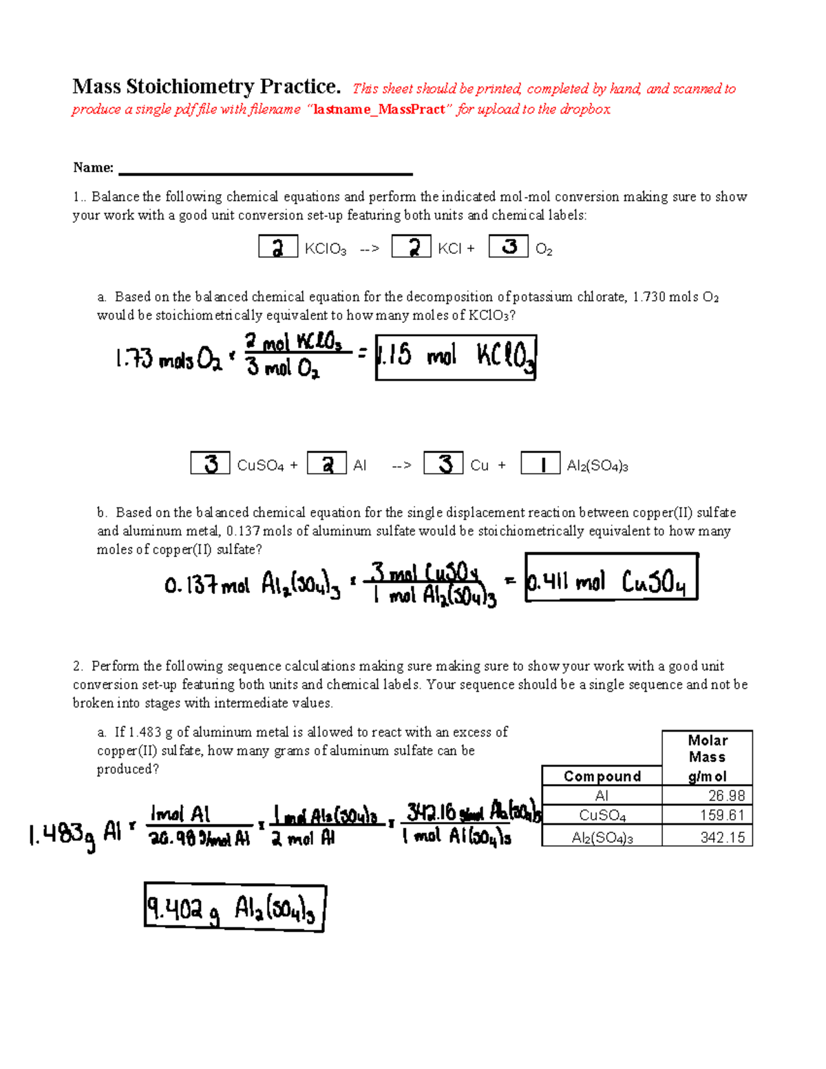 Mass Stoich Practice - Professor is Zapien - Mass Stoichiometry ...