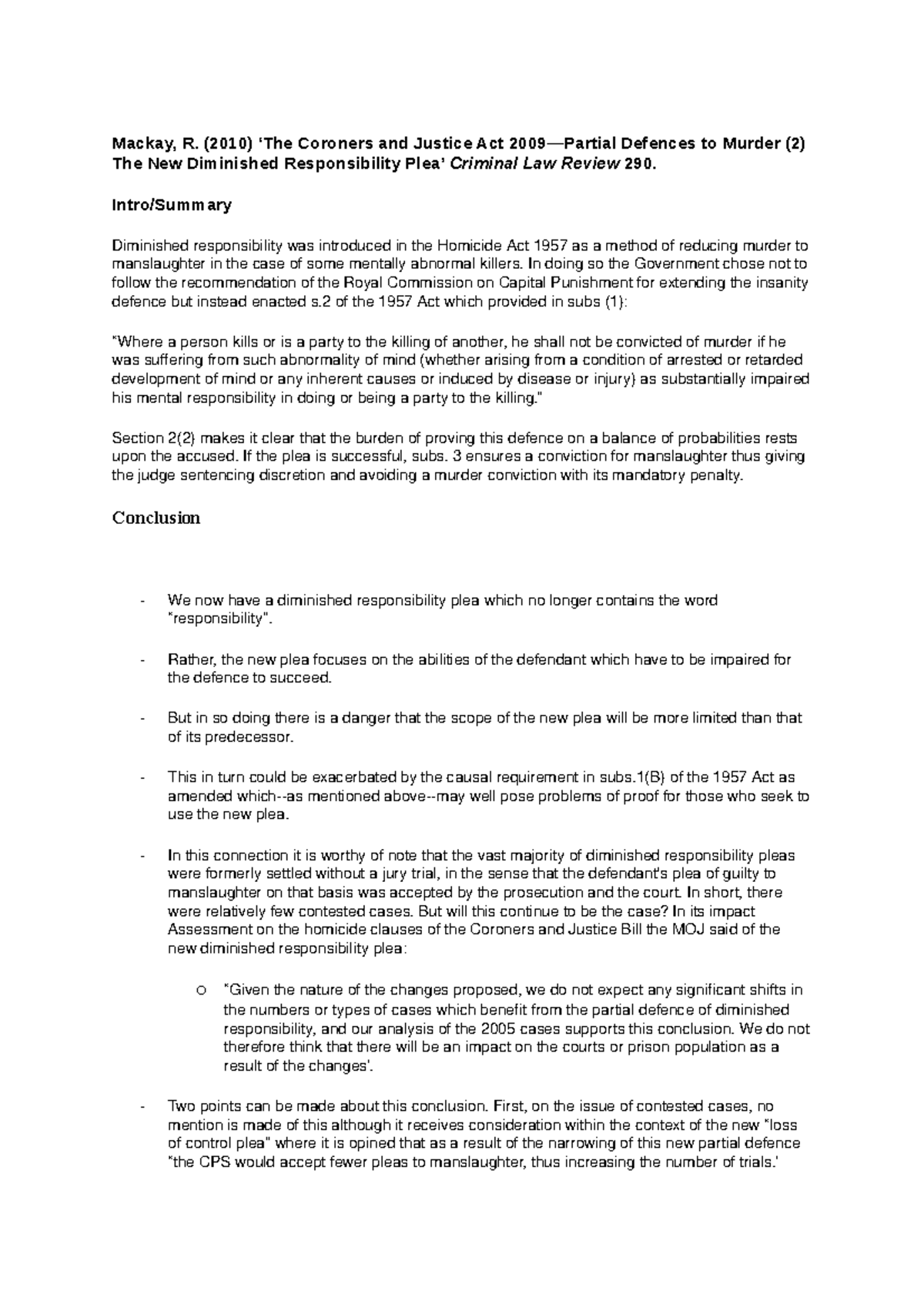 Diminished Responsiblity Extra Reading Notes Mackay R 2010 The