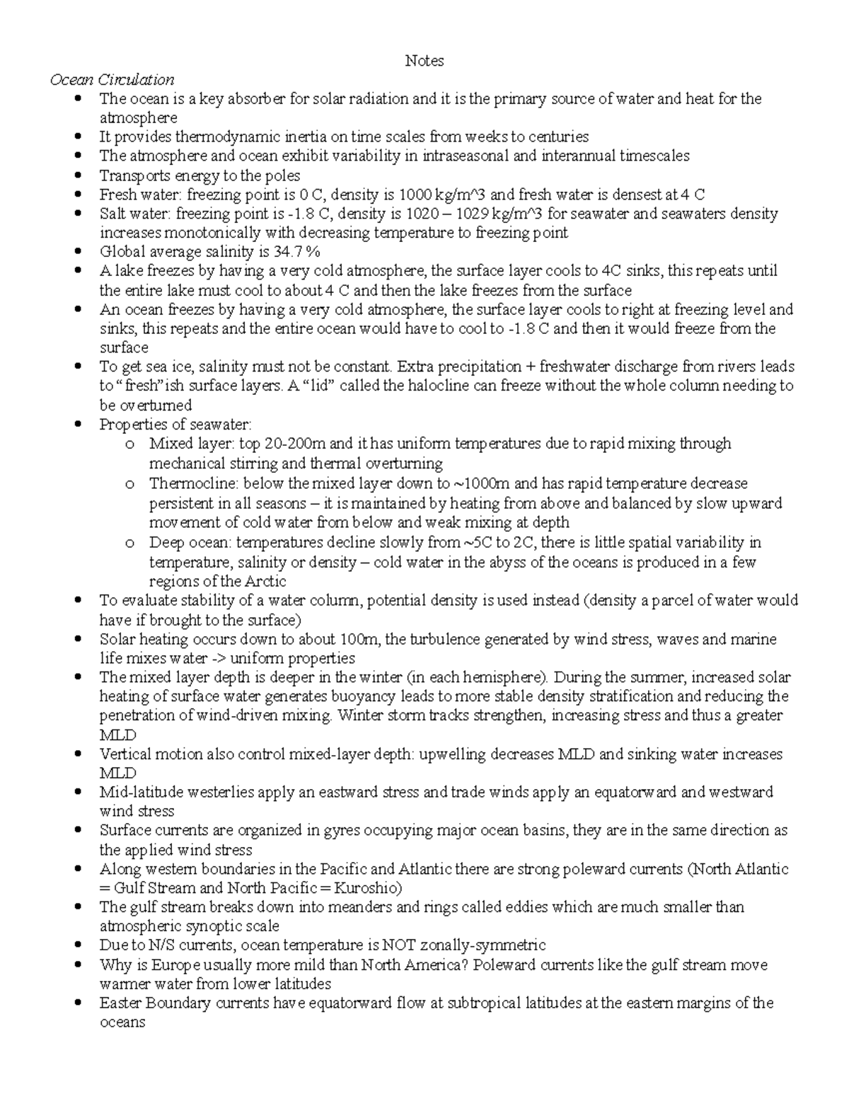Meteo 470 Exam 3 Study Guide - Notes Ocean Circulation The ocean is a ...