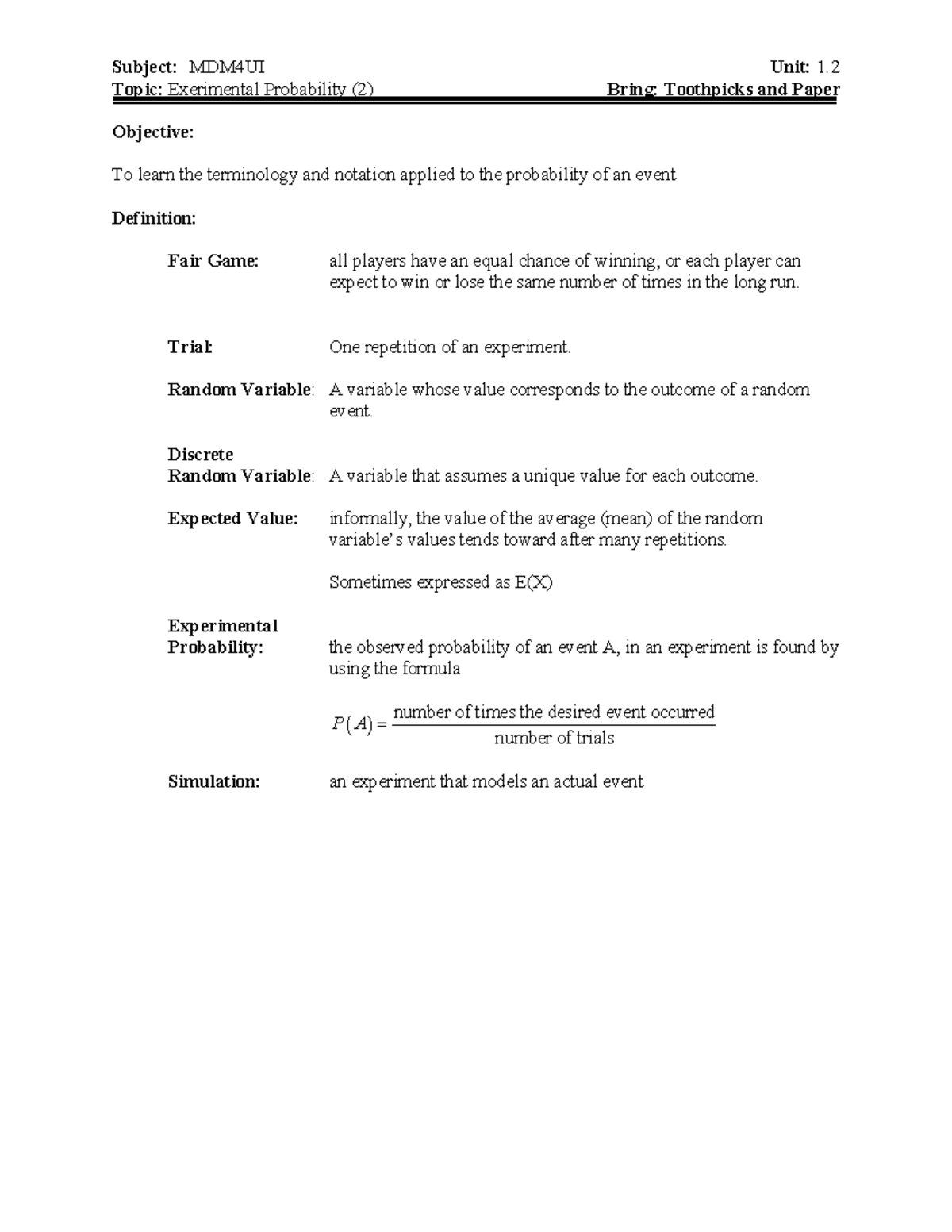 Unit 1 - unit 1.2 - Subject: MDM4UI Unit: 1. Topic: Exerimental ...