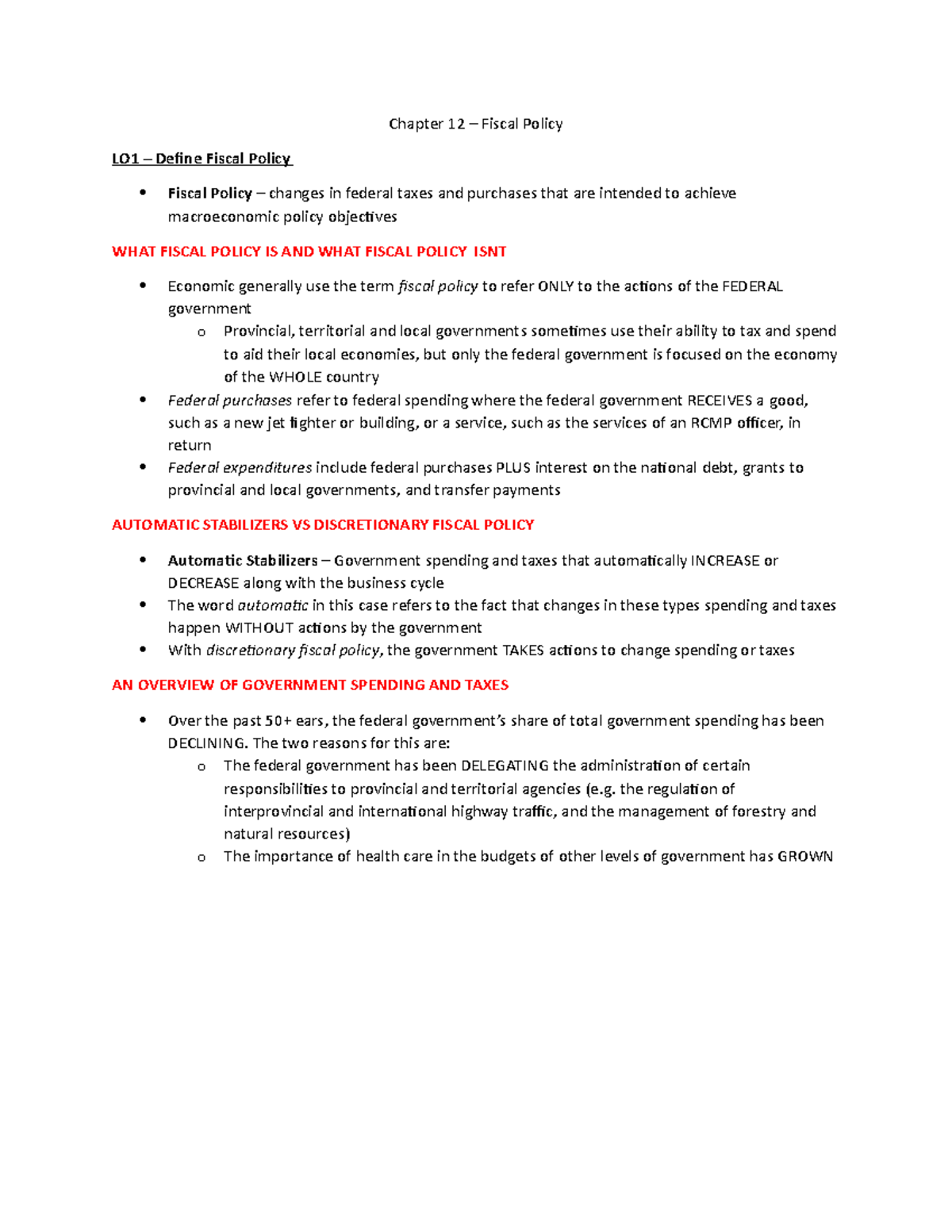 ECON Chapter 12 - notes - Chapter 12 – Fiscal Policy LO1 – Define ...