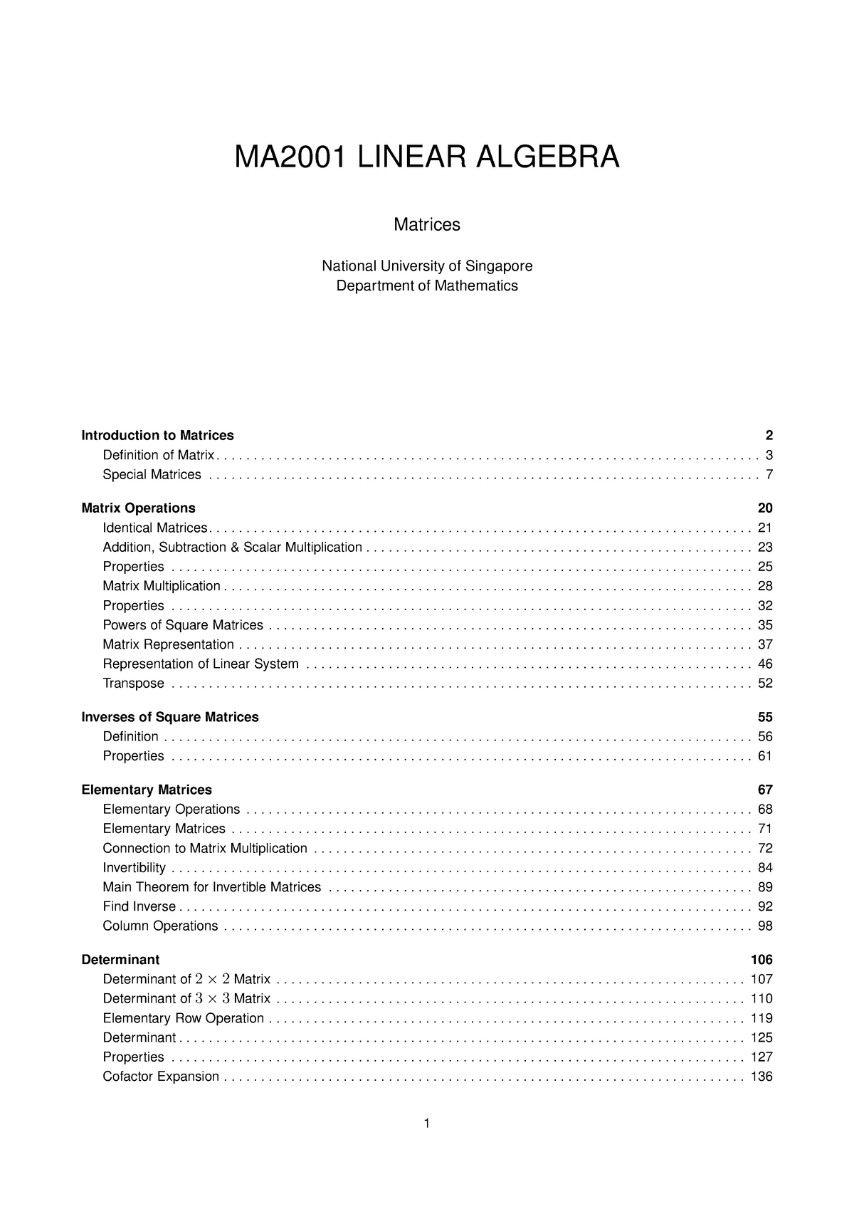 MA2001-Chapter 2 Matrices - MA2001 - NUS - Studocu