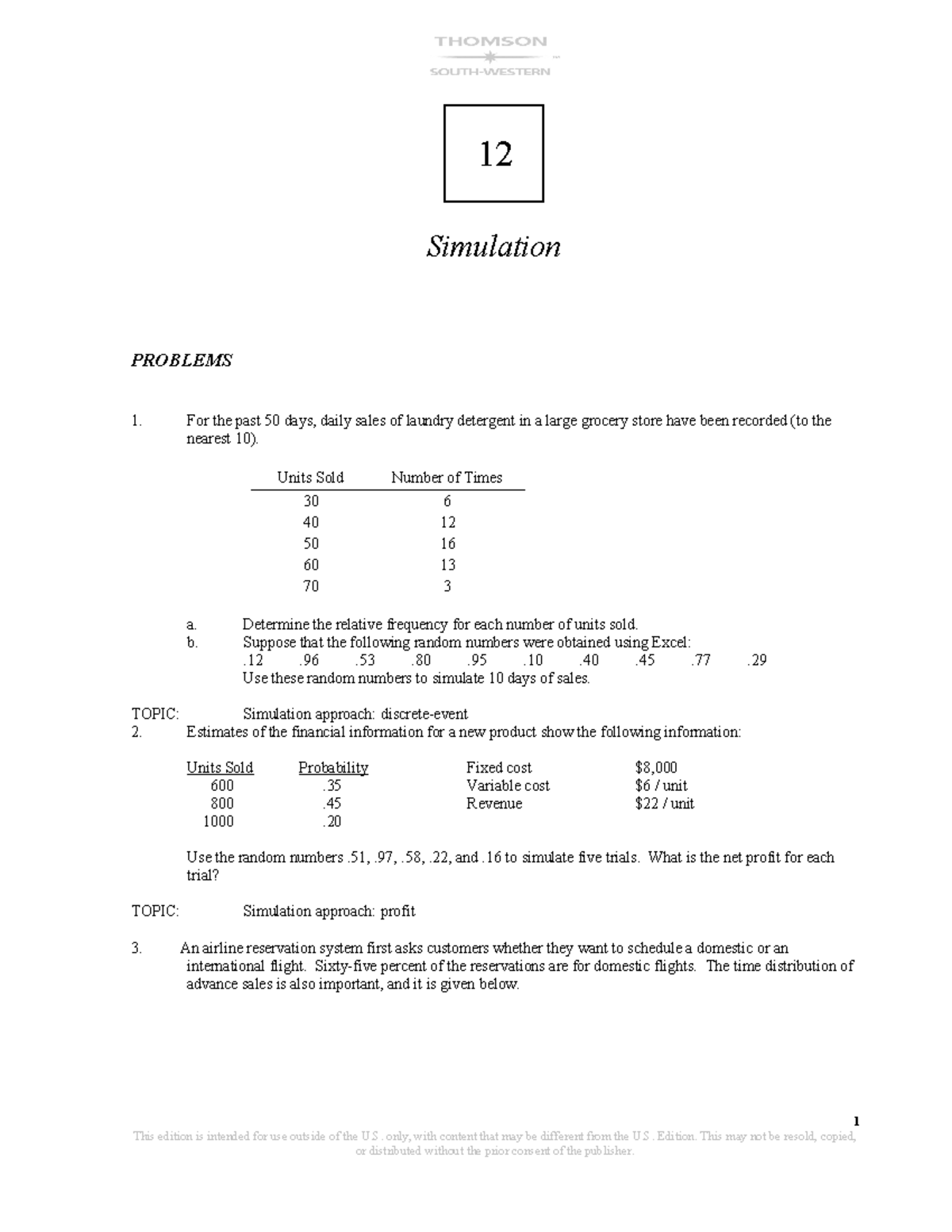 경영과학 HW#7-1 - 12 Simulation PROBLEMS 1. For the past 50 days, daily ...