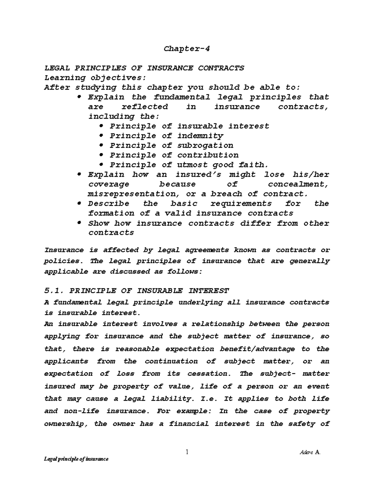 risk management - Chapter- LEGAL PRINCIPLES OF INSURANCE CONTRACTS ...