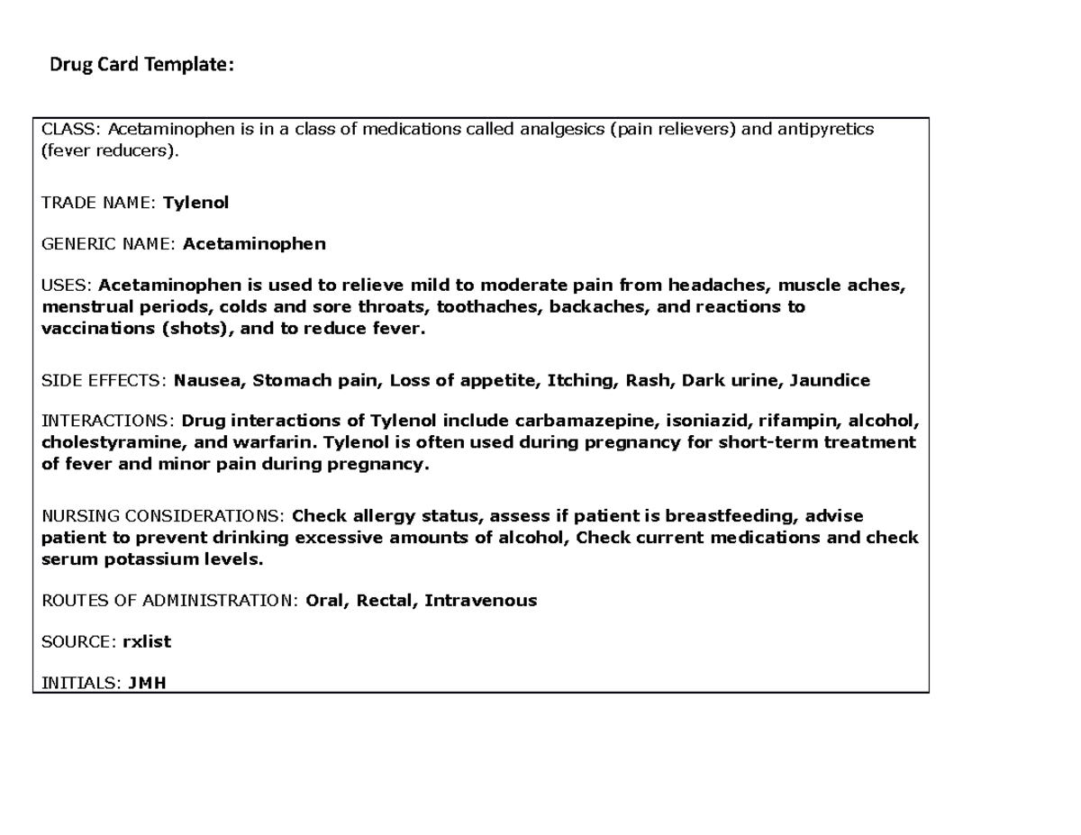 Drug Card Acetaminophen Drug Card Template CLASS Acetaminophen is