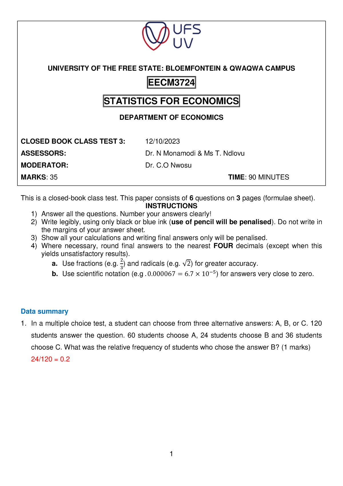 Class Test 3 2023 Memo - UNIVERSITY OF THE FREE STATE: BLOEMFONTEIN ...