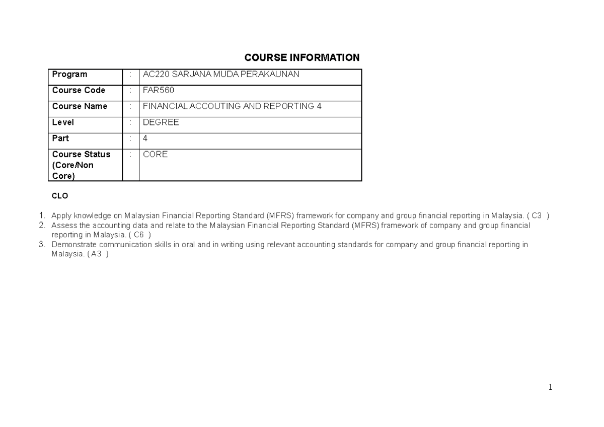 FAR560 ODL2020 - far - COURSE INFORMATION Program : AC220 SARJANA MUDA ...
